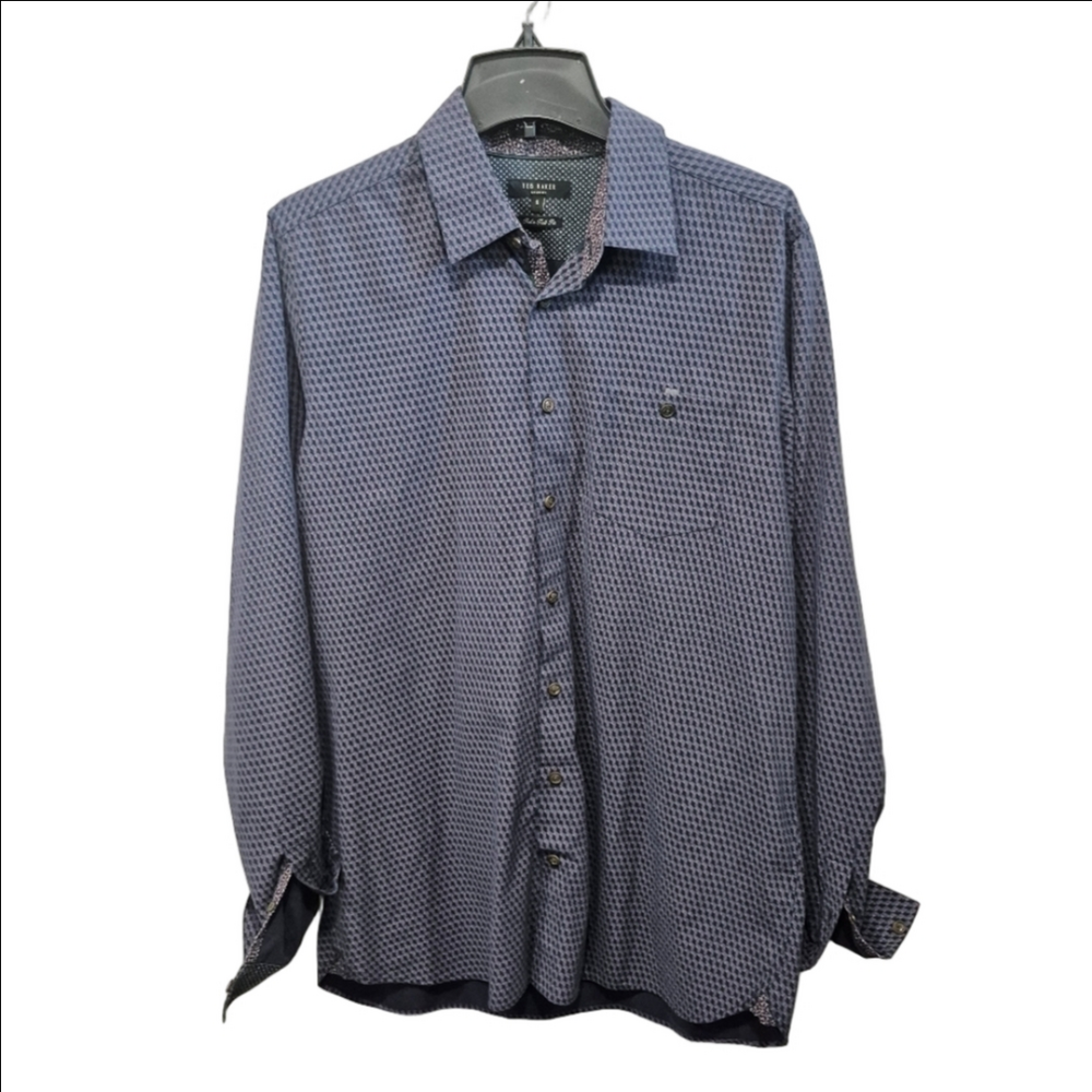 Ted Baker Wyne Slim Geometric Purple Contrast Long Sleeve Button Up Shirt